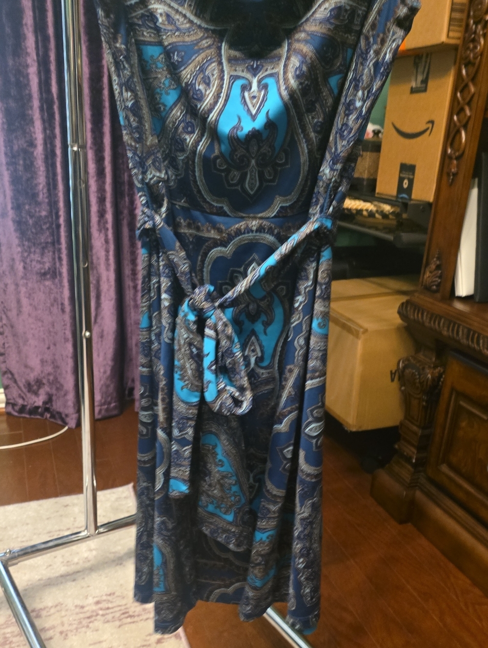 INC International Concepts Blue Paisley Midi Wrap Dress